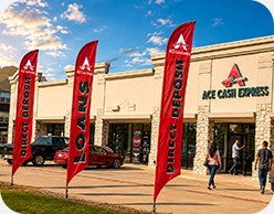 ACE Cash Express storefront with feather flags for location awareness