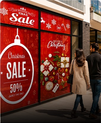 Seasonal sale window graphics on a retail storefront