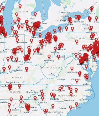 Map of the eastern United States covered in installation location pins