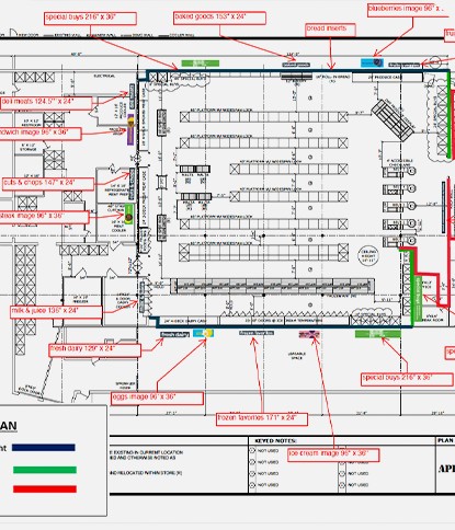 Marked-up store floor plan showing graphic placement