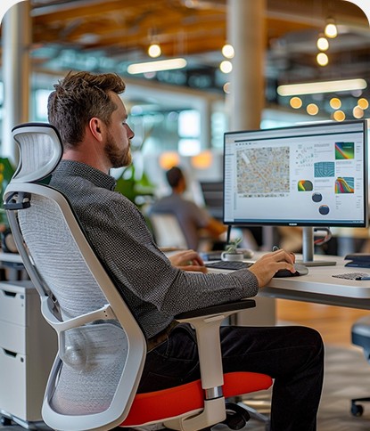 Project manager reviewing a national rollout map at a workstation